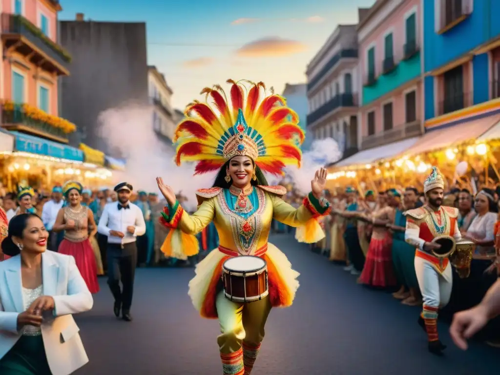 Vibrante Carnaval Uruguayo: calles llenas de coloridos desfiles y espectadores entusiastas