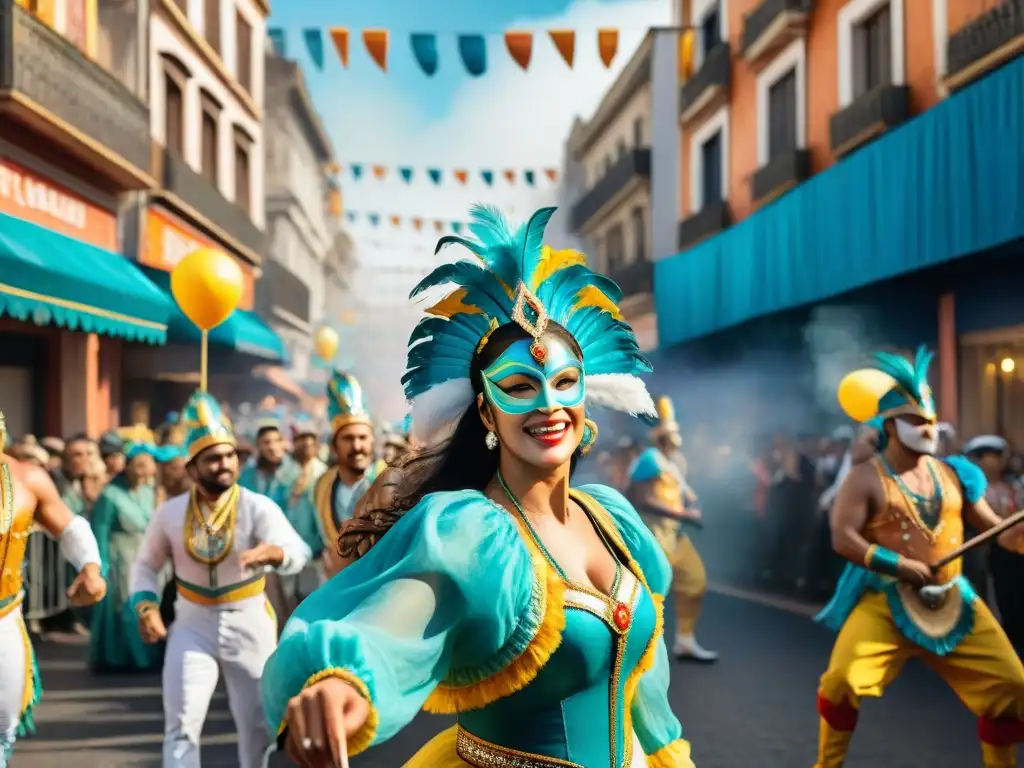 Vibrante ilustración acuarela del Carnaval Uruguayo, con carrozas coloridas, bailarines y espectadores animados