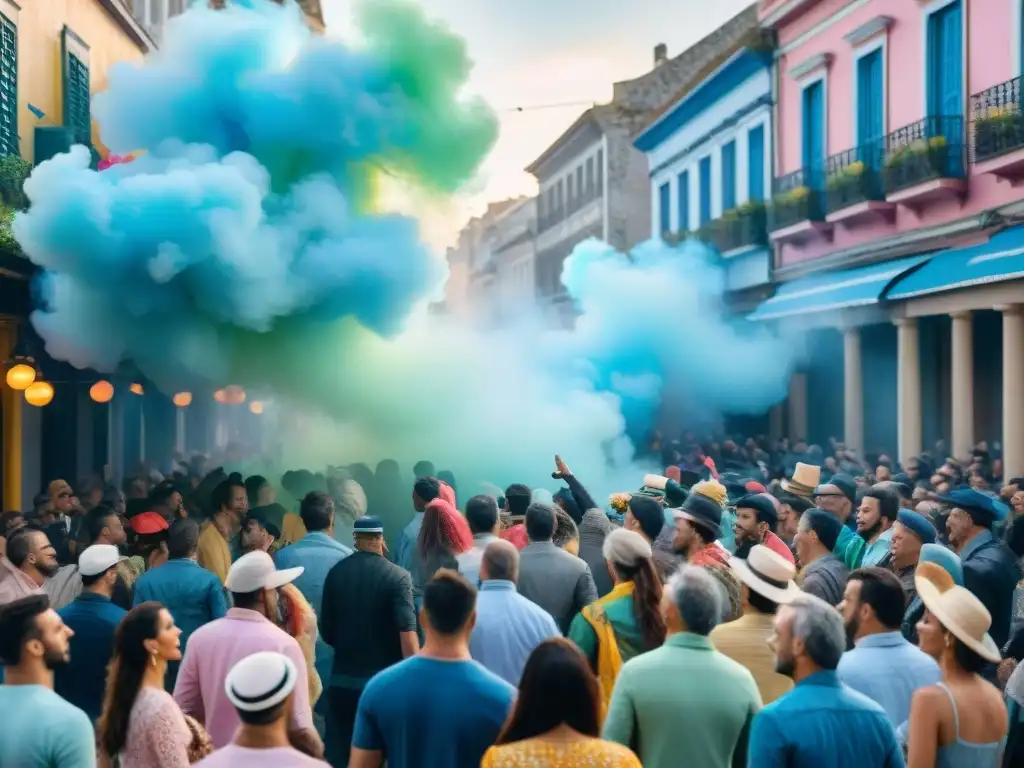 Un vibrante Carnaval Uruguayo: carrozas coloridas, bailarines con trajes llamativos y espectadores aplaudiendo