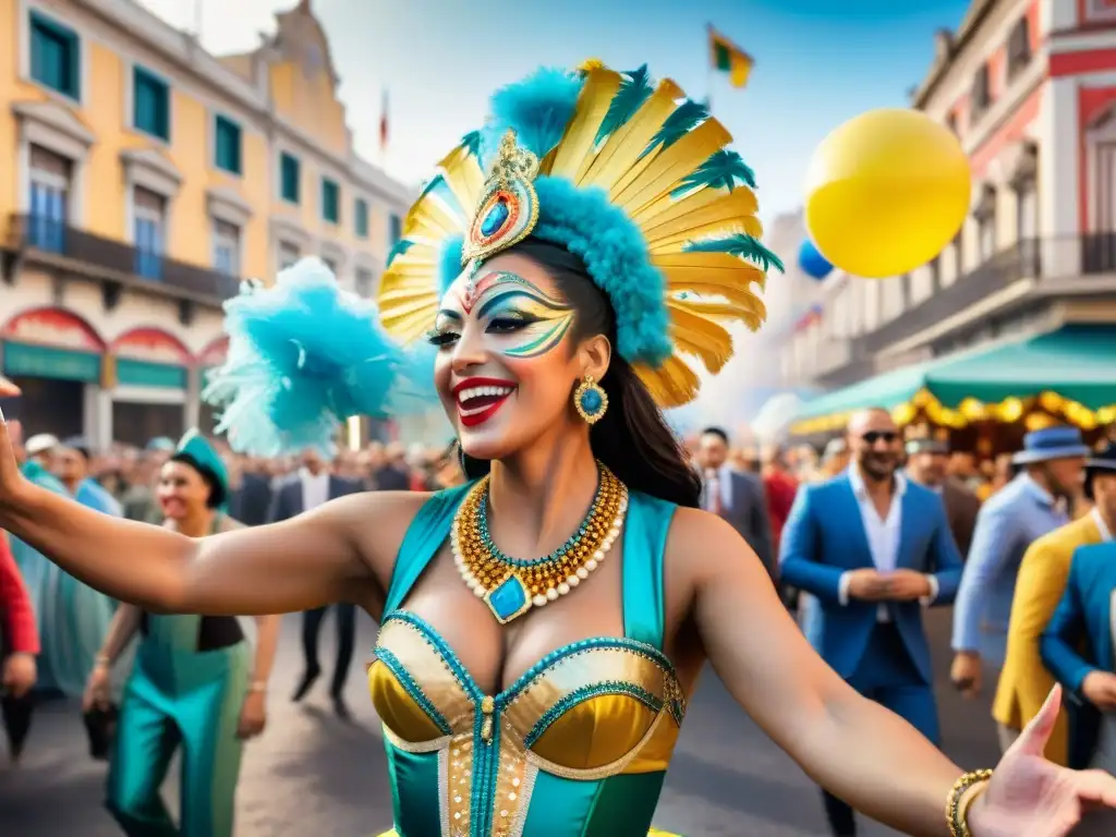 El vibrante Carnaval Uruguayo en Montevideo: carrozas coloridas, bailarines festivos y espectadores llenos de alegría