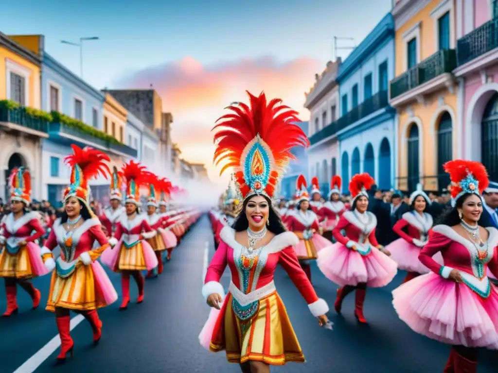 Vibrante Carnaval Uruguayo: coloridos bailarines, músicos y espectadores en las calles, arte urbano detallado