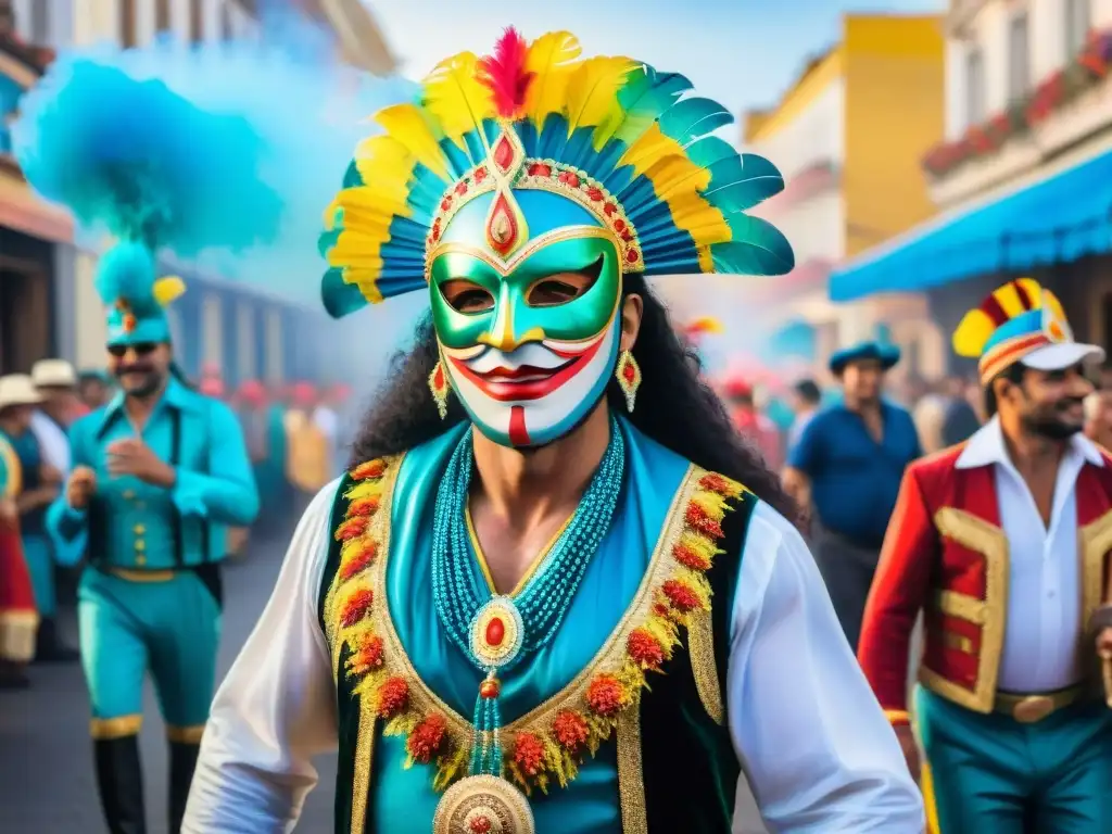 Vibrante celebración del Carnaval Uruguayo con coloridos trajes, máscaras e intrincadas decoraciones