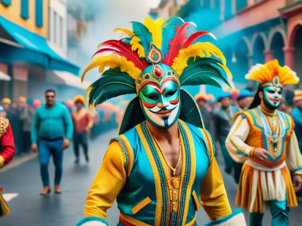 Vibrante ilustración acuarela del Carnaval Uruguayo, con coloridos trajes y música alegre