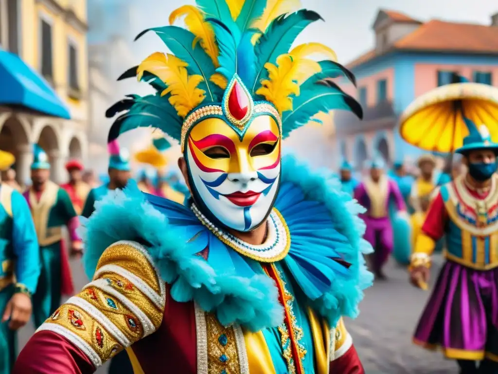 Vibrante Carnaval Uruguayo: coloridos trajes, máscaras y danzas en las calles, celebrando la riqueza cultural