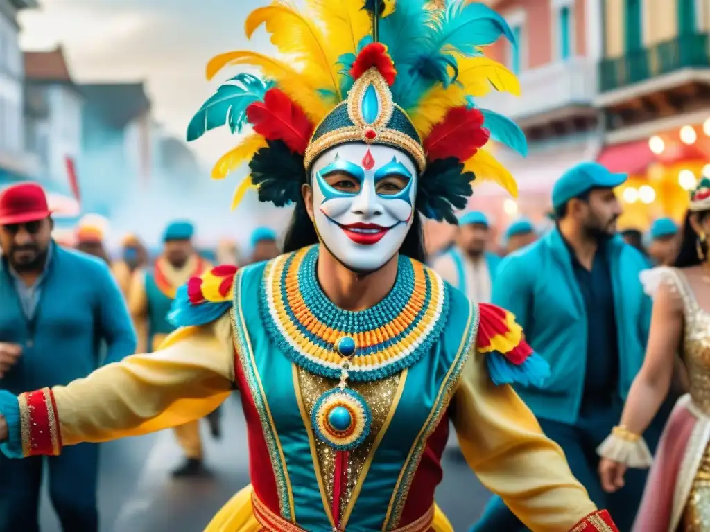 Vibrante fotografía del Carnaval Uruguayo con coloridos trajes y alegres bailarines en la calle