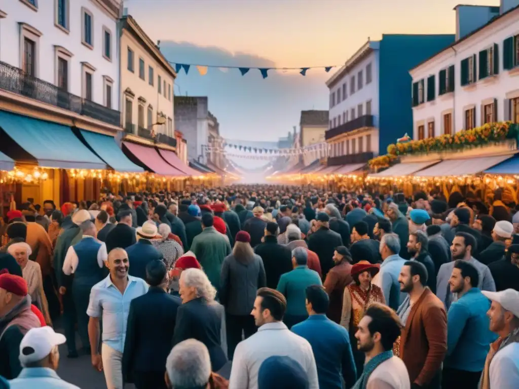 Vibrante ilustración acuarela del Carnaval Uruguayo con coloridos desfiles y danzas tradicionales