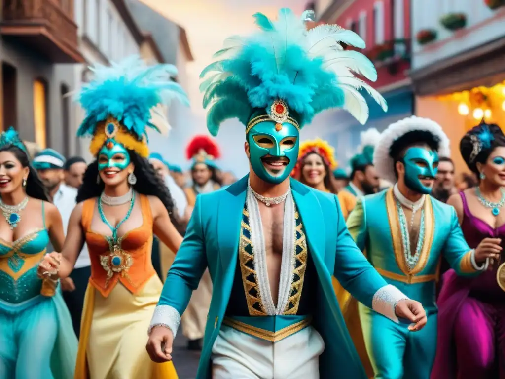 Una ilustración acuarela vibrante del Carnaval Uruguayo con coloridos trajes, máscaras tradicionales, música alegre y baile