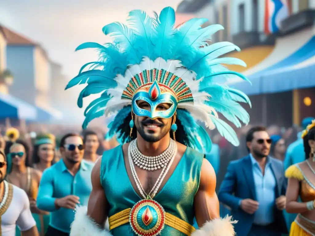 Vibrante Carnaval Uruguayo con comparsas y escuelas de samba en trajes coloridos y energía festiva, capturando la evolución cultural