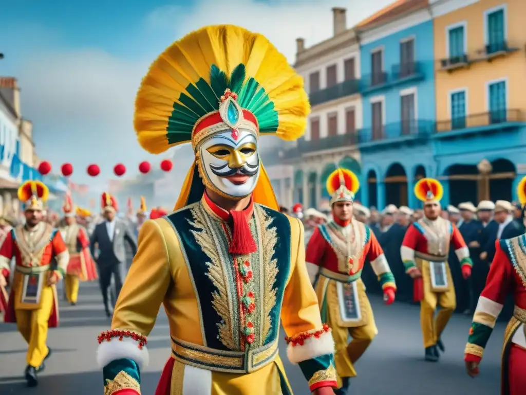 Vibrante carnaval uruguayo tradición cultural con bailarines y coloridas carrozas en las calles históricas