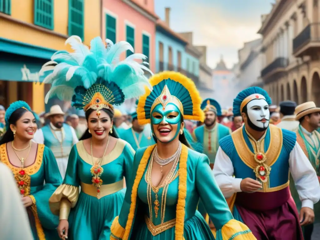 Un vibrante Carnaval Uruguayo: danzarines alegres frente a arquitectura colonial, resaltando contrastes en el Carnaval Uruguayo