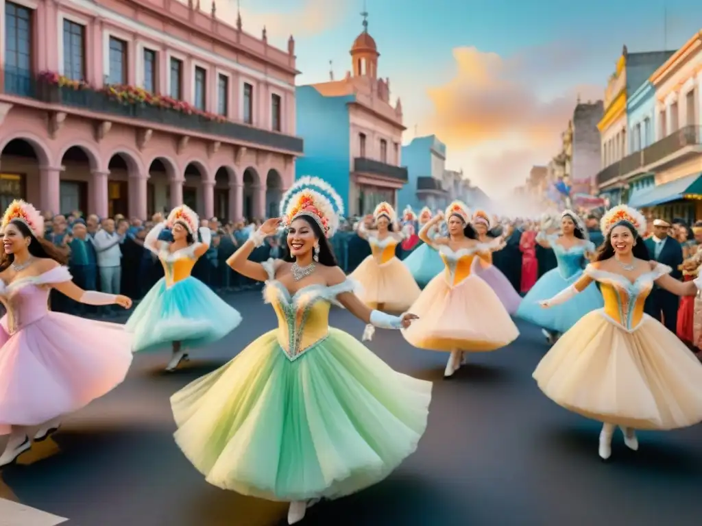 Desfile vibrante y colorido en el Carnaval Uruguayo Vibrante Carnaval Uruguayo con danzas, carrozas y espectadores, seguro de viaje Carnaval Uruguayo