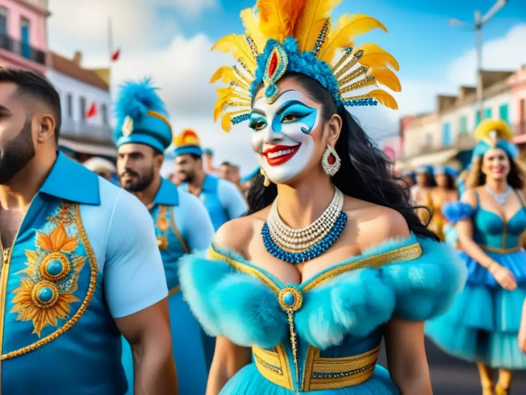 Vibrante ilustración acuarela del Carnaval Uruguayo con descuentos hoteles