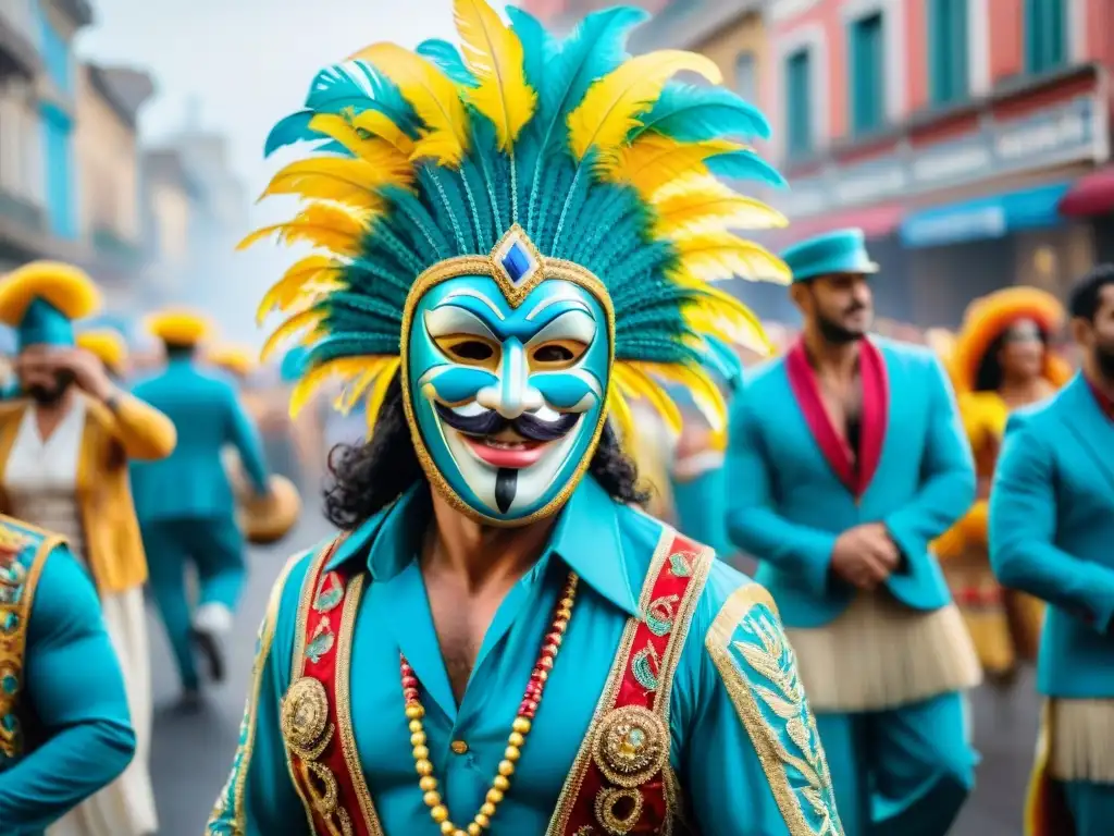 Vibrante Carnaval Uruguayo: desfile de carros alegóricos y bailarines con trajes coloridos en Montevideo