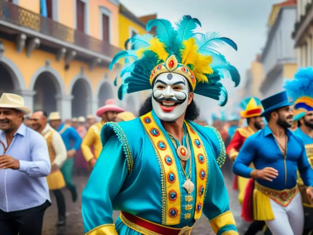 Vibrante Carnaval Uruguayo: desfile colorido con danzas alegres y trajes elaborados, frente a edificios coloniales