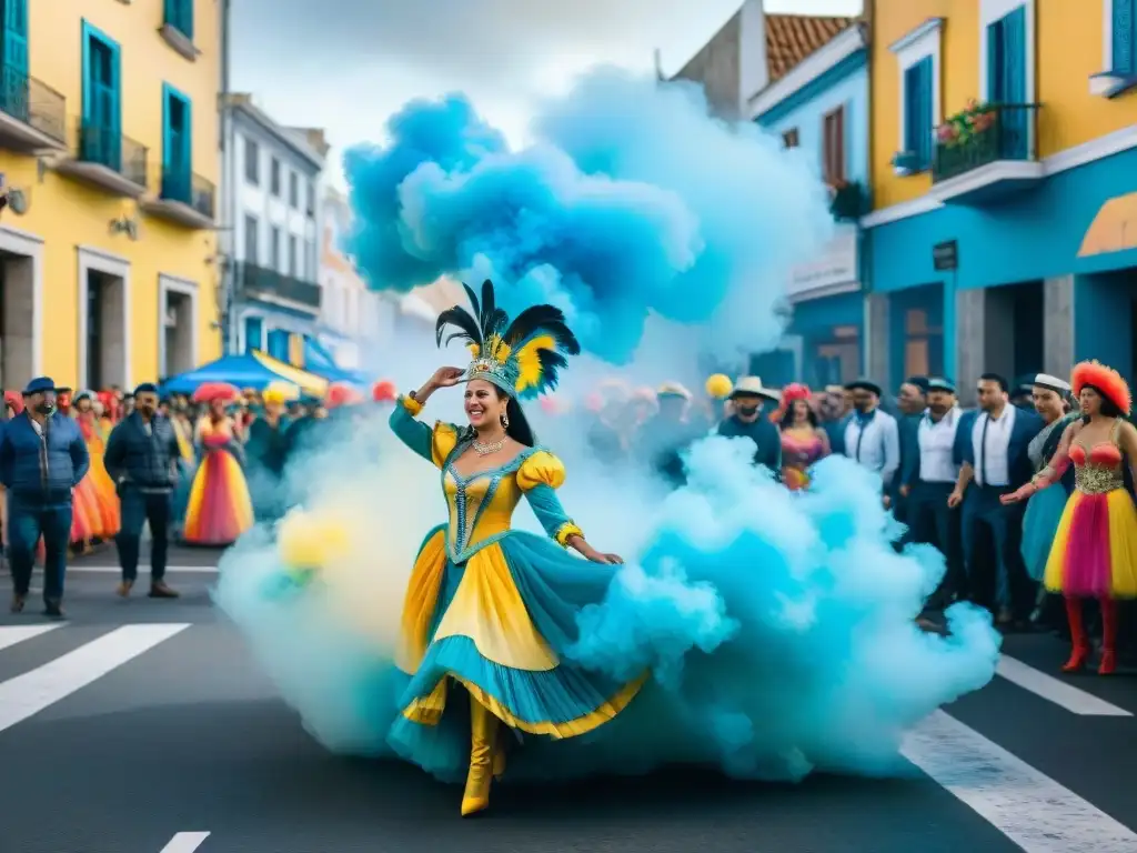 Un vibrante Carnaval Uruguayo: desfile colorido con carrozas, bailarines y espectadores alegres