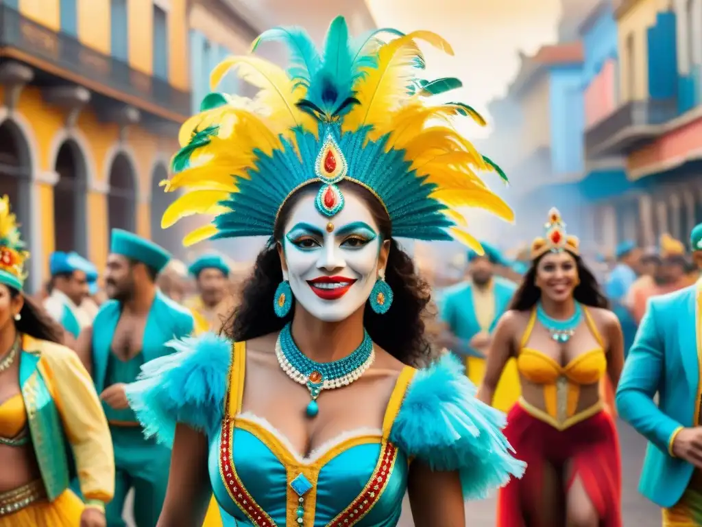 Vibrante ilustración acuarela del Carnaval Uruguayo, con desfile colorido y animado