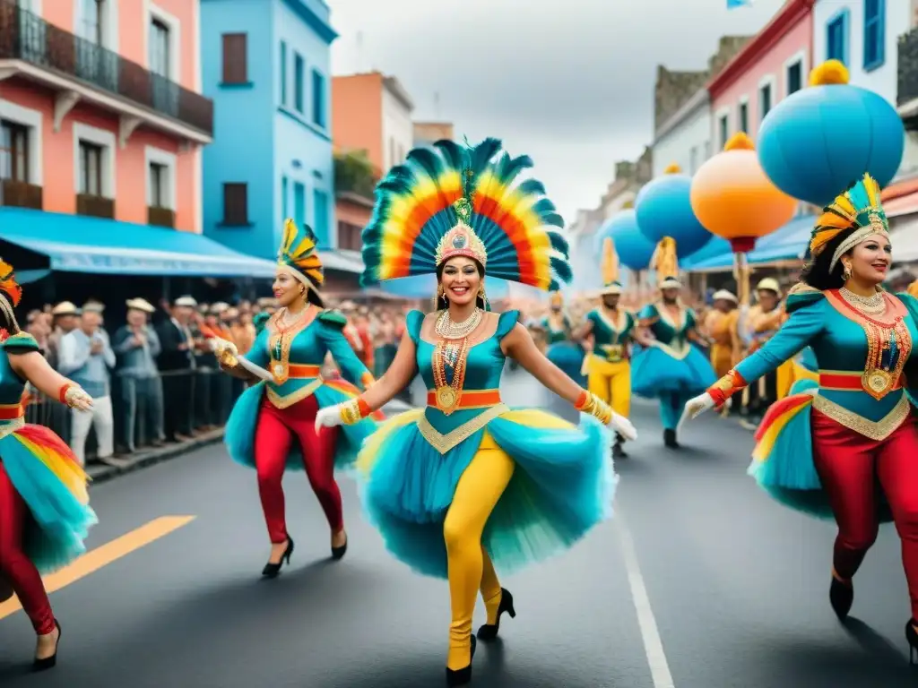 Vibrante Carnaval Uruguayo en LinkedIn: desfile colorido con danzas, música y espectadores animados en calles bulliciosas