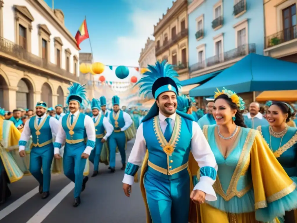 Celebración vibrante del Carnaval Uruguayo con desfile colorido y músicos alegres