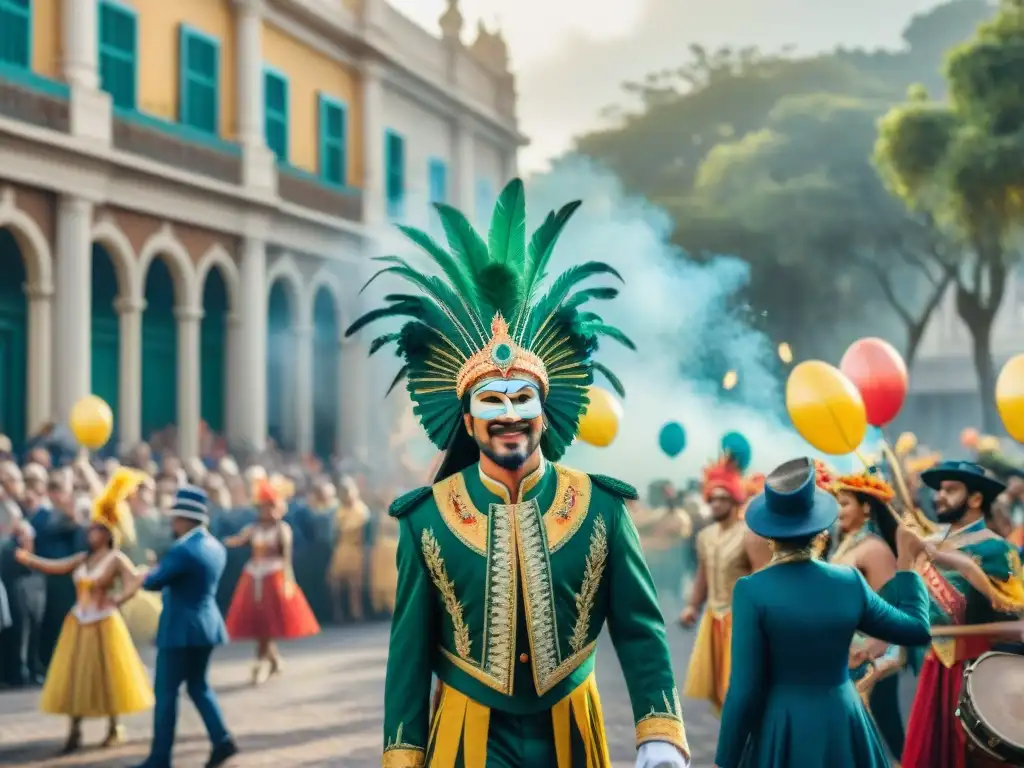 Vibrante Carnaval Uruguayo con influencers promoción, desfile de colores, danzas, música y alegría bajo arquitectura colonial y palmeras