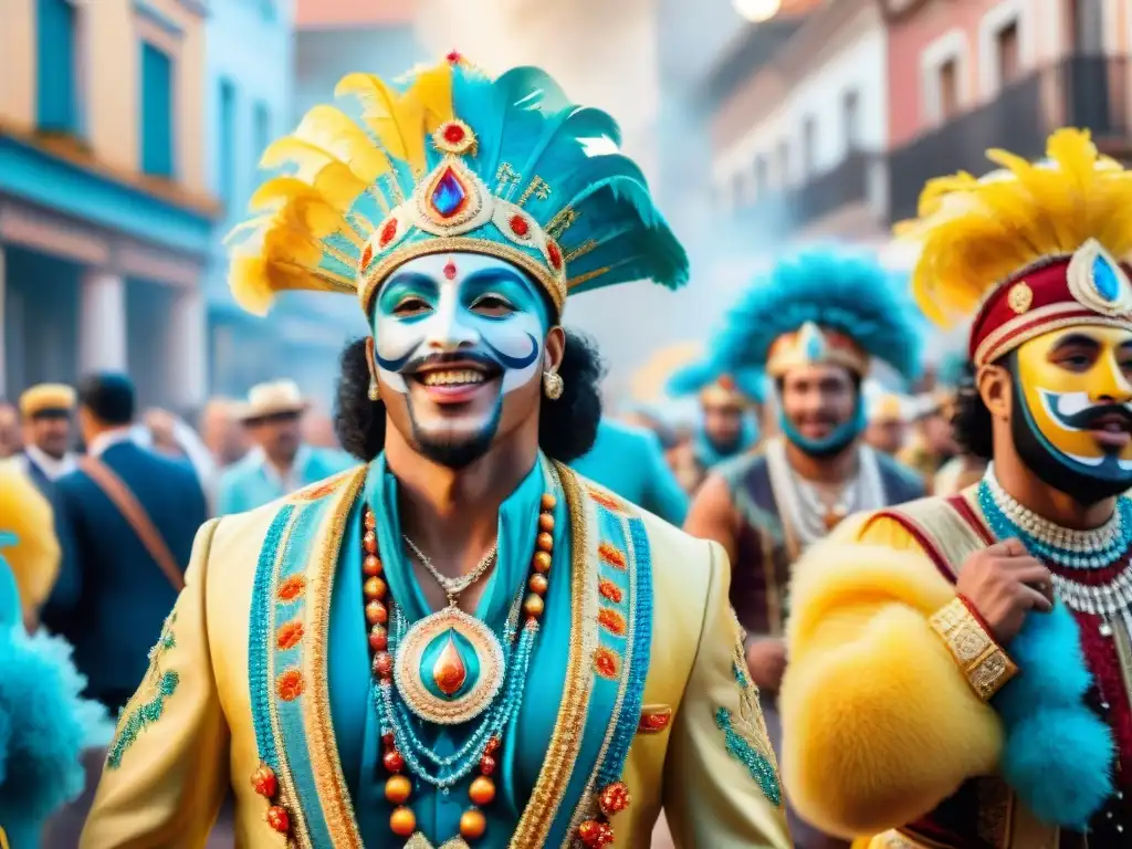 Vibrante Carnaval Uruguayo: desfile colorido de bailarines, música y arte en las calles