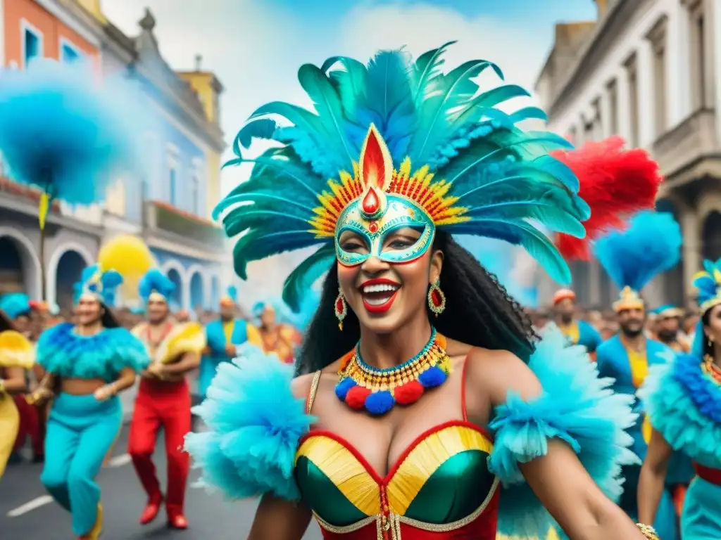 Vibrante Carnaval Uruguayo: desfile colorido con música, baile y una paleta de colores festiva