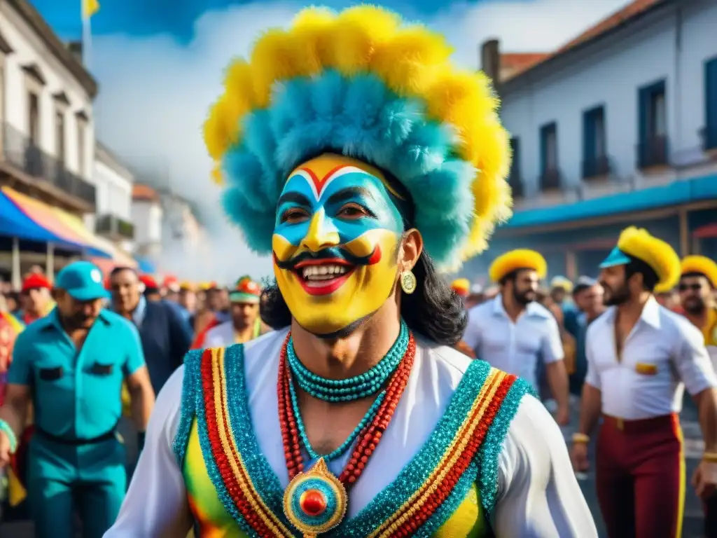 Vibrante ilustración acuarela del Carnaval Uruguayo con desfile, carrozas coloridas y espectadores alegres