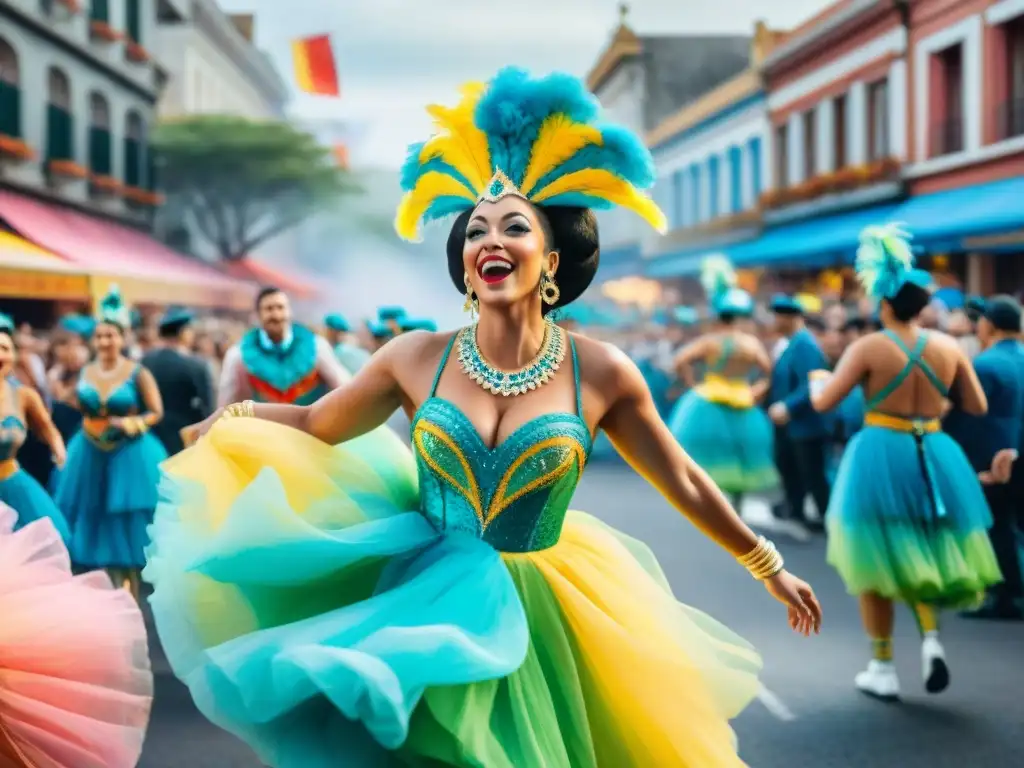 Vibrante ilustración acuarela del Carnaval Uruguayo con desfile colorido y espectadores disfrutando, evocando la alegría y celebración