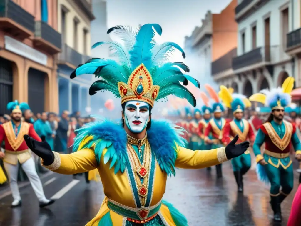 Vibrante Carnaval Uruguayo: Desfile de coloridos trajes y edificios coloniales en Montevideo