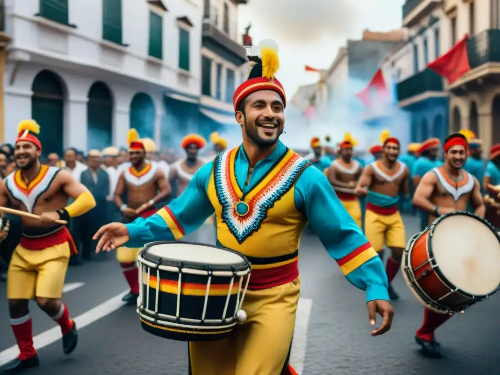 Vibrante Carnaval uruguayo: desfile de Candombe con tambores, baile y coloridas vestimentas en las calles