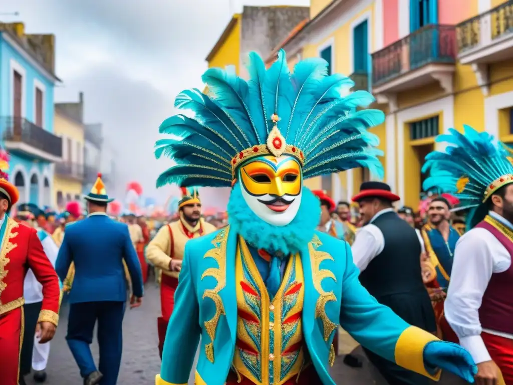 Vibrante Carnaval Uruguayo con desfile callejero en pequeño pueblo del interior del país, lleno de coloridas tradiciones y máscaras