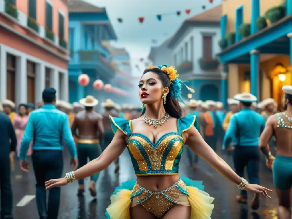 Vibrante Carnaval Uruguayo: calle llena de color y alegría Vibrante Carnaval Uruguayo: desfile colorido con impacto económico en una calle bulliciosa