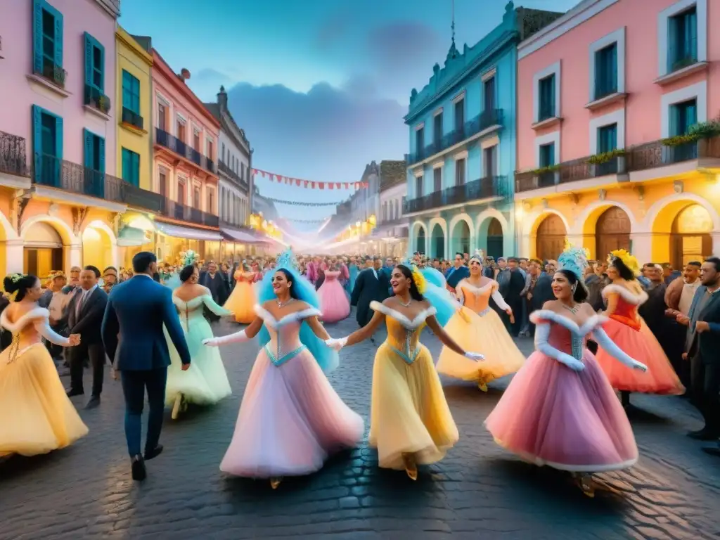 Vibrante carnaval uruguayo: desfile de coloridos trajes y música en calles empedradas