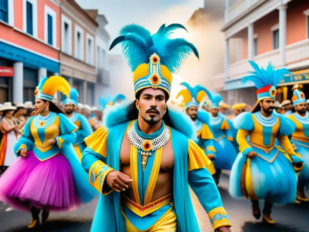 Vibrante Carnaval Uruguayo: desfile colorido con bailarines y carros adornados, atrayendo a la televisión internacional