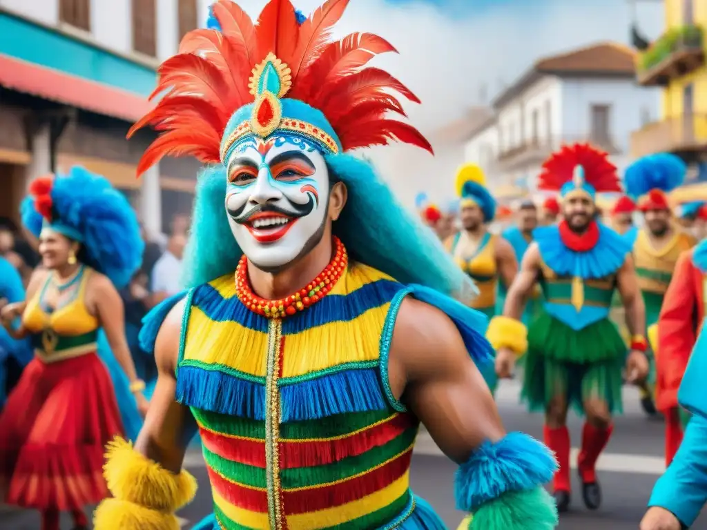 Vibrante ilustración acuarela del Carnaval Uruguayo, con desfiles coloridos y energía festiva