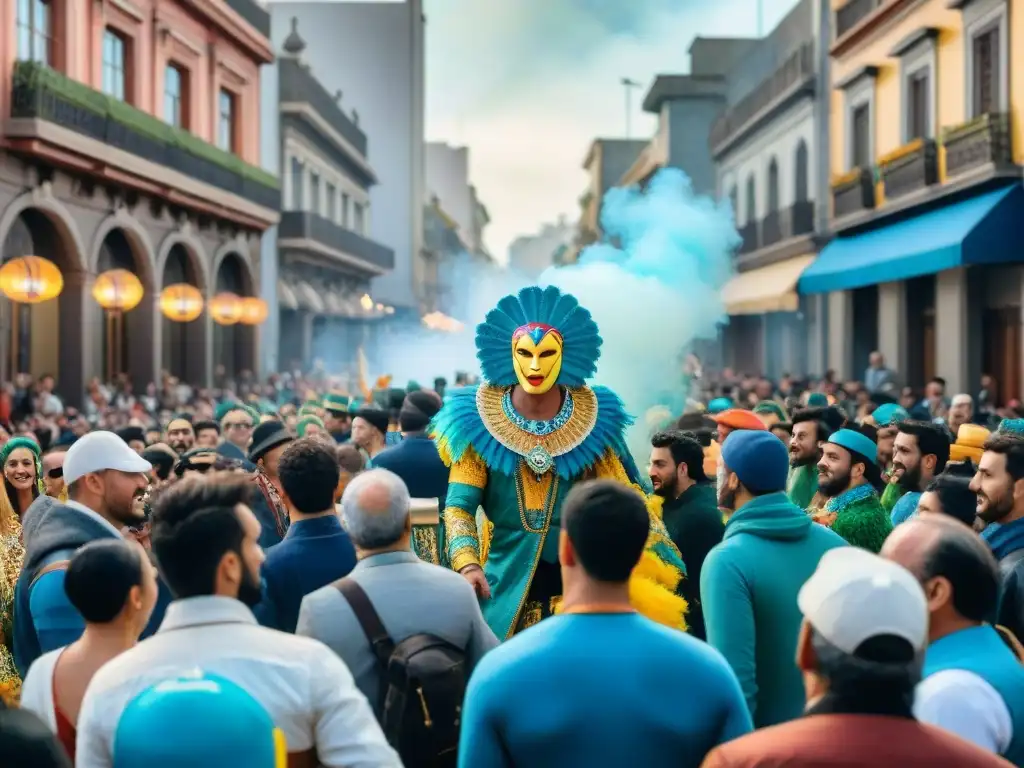 Una vibrante ilustración acuarela del Carnaval Uruguayo en Montevideo, con desfiles coloridos y multitudes animadas