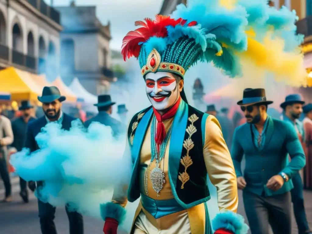 Vibrante ilustración acuarela del Carnaval Uruguayo con deslumbrantes trajes y música alegre, reflejando las Estrategias marketing Carnaval Uruguayo