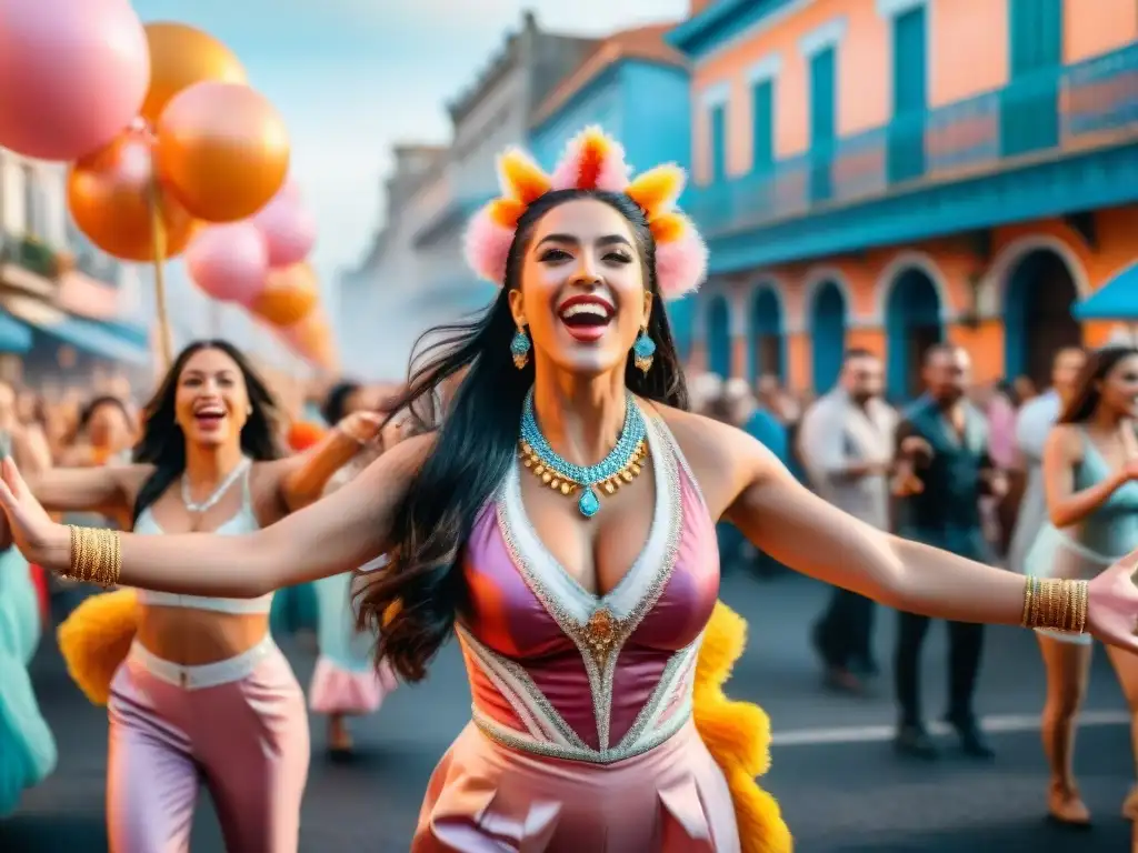 Un vibrante carnaval uruguayo con deslumbrantes coloridos, desfiles y espectadores felices en las calles