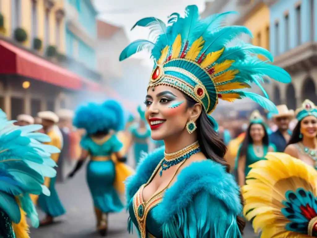 Un vibrante Carnaval Uruguayo destinos culturales: coloridos trajes, desfile animado y arquitectura histórica