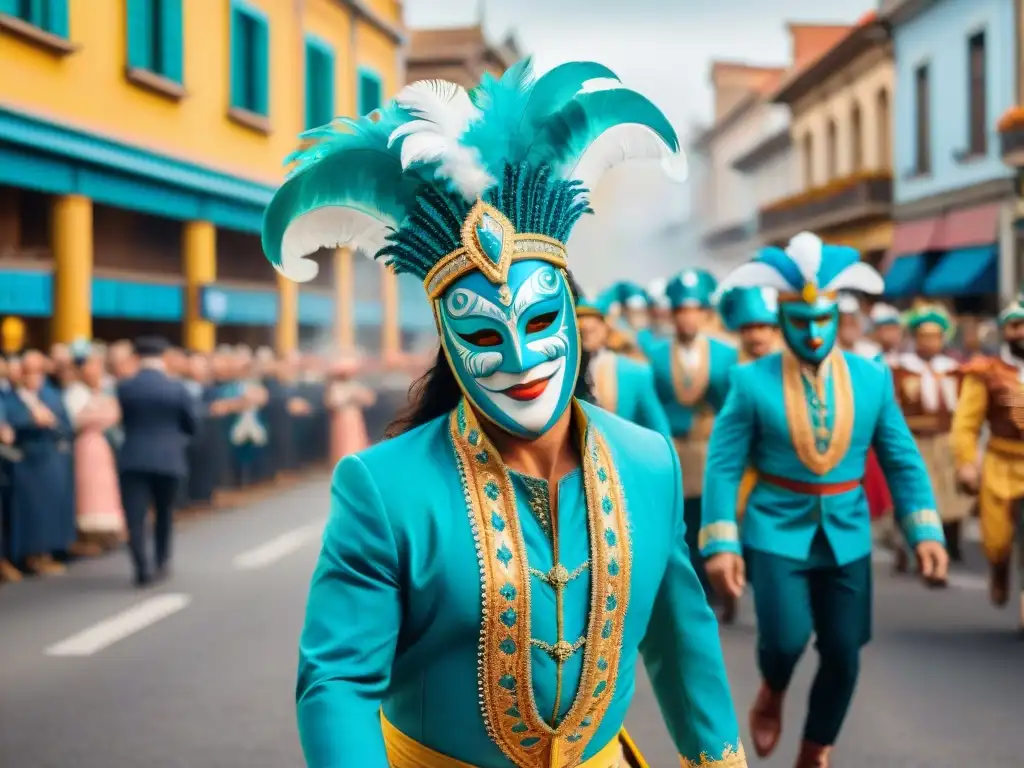 Una vibrante ilustración acuarela del Carnaval Uruguayo con detalles de disfraces tradicionales, máscaras coloridas y bailarines alegres