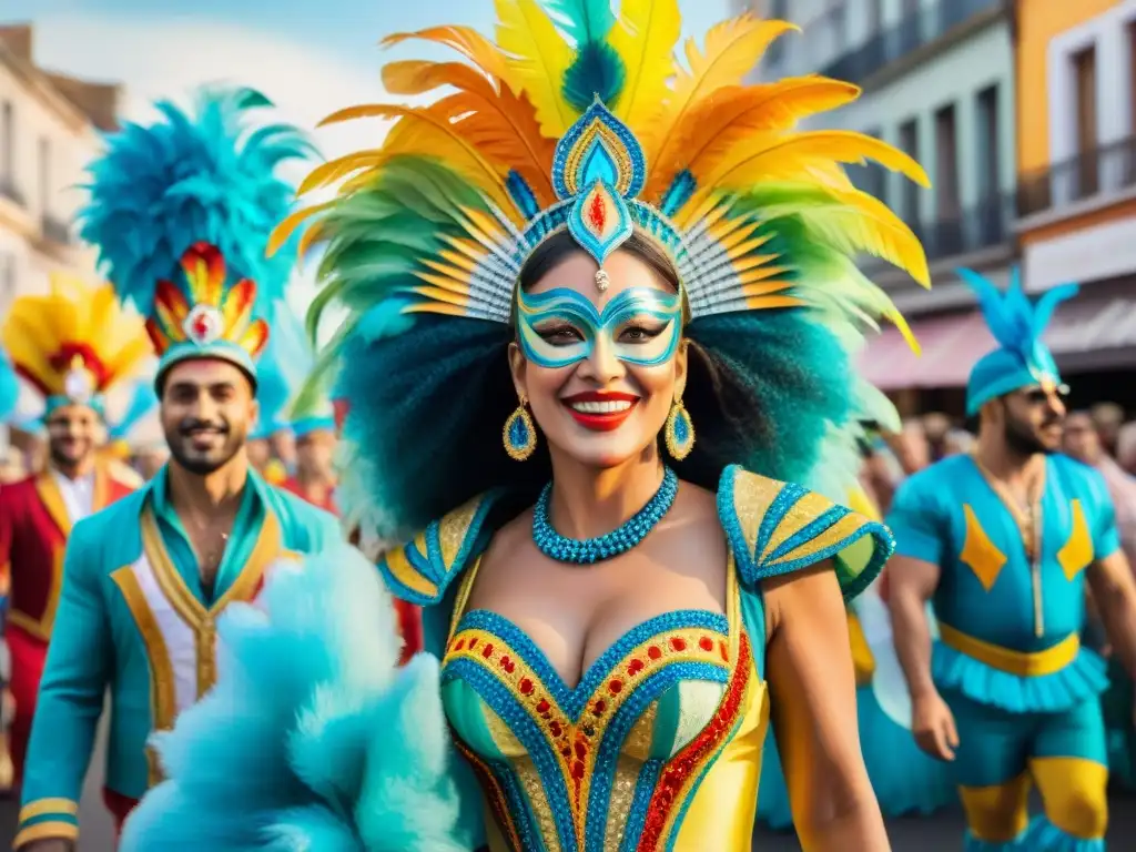 Vibrante Carnaval Uruguayo 2023: Detalles de desfile con coloridos trajes, bailarines energéticos y carrozas festivas en pintura acuarela detallada