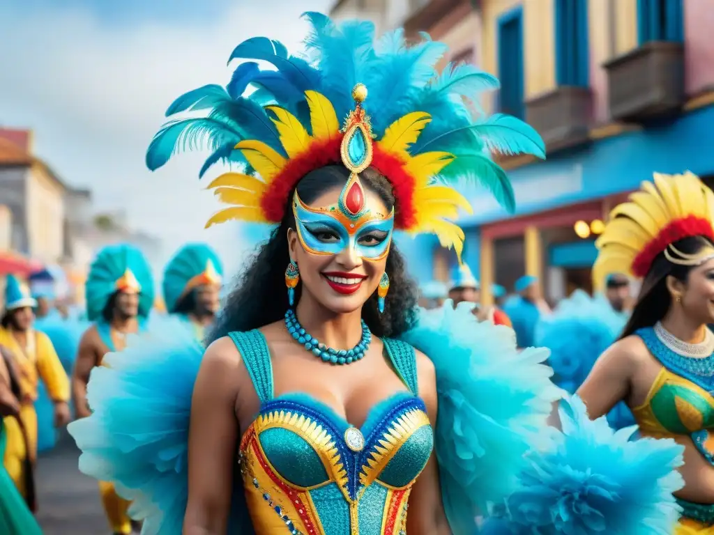 Un vibrante Carnaval en Uruguayo promueve inclusión social con diversidad de personas disfrutando del desfile colorido y alegre