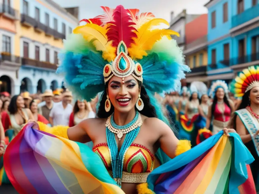 Vibrante comparsa LGBT+ en el Carnaval Uruguayo, celebrando la diversidad con colores y alegría