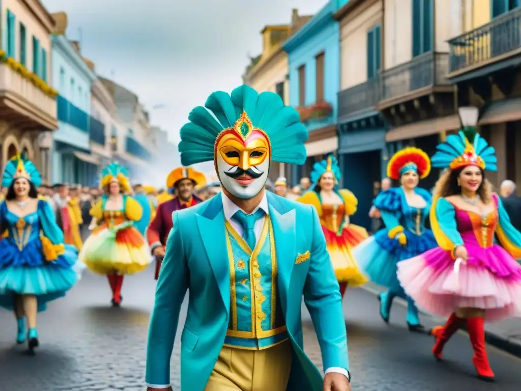 Un vibrante Carnaval Uruguayo: Emprendedores en la fiesta, coloridos trajes y música alegre entre edificaciones históricas