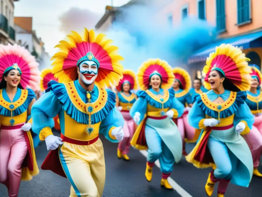 Vibrante ilustración acuarela del Carnaval Uruguayo: alegría en cada esquina, colores festivos y energía contagiosa