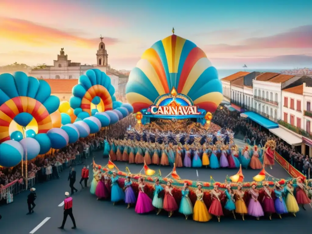 Un vibrante Carnaval uruguayo con floats digitales en una ciudad futurista al atardecer