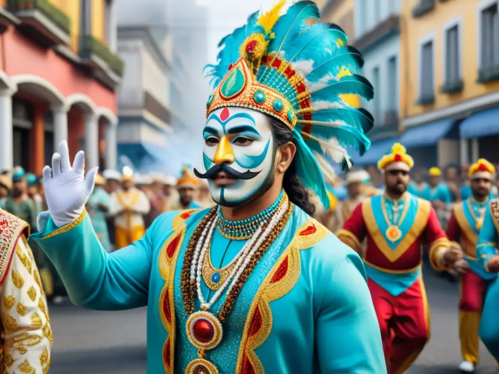 Vibrante Carnaval Uruguayo impacto turismo local en calles bulliciosas, desfile de trajes y música tradicional