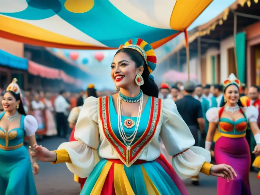 Un vibrante Carnaval Uruguayo con impacto en el empleo local, lleno de coloridos artistas y espectadores animados