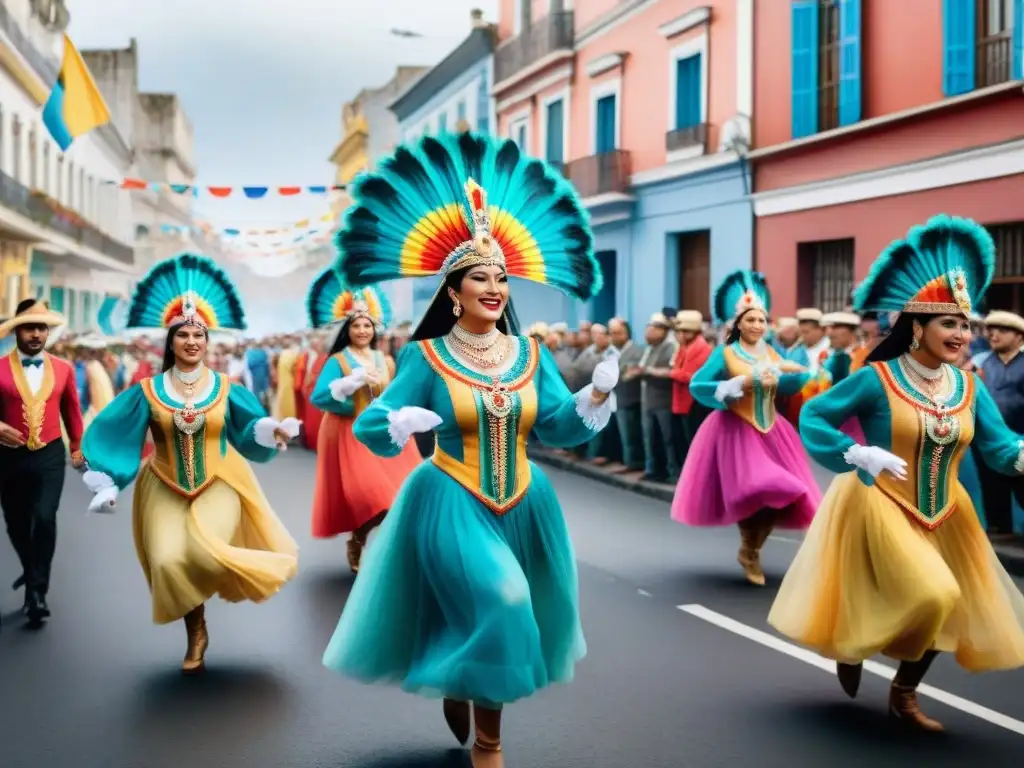 Vibrante Carnaval Uruguayo con influencia rioplatense: desfile colorido, música tradicional y danzas enérgicas