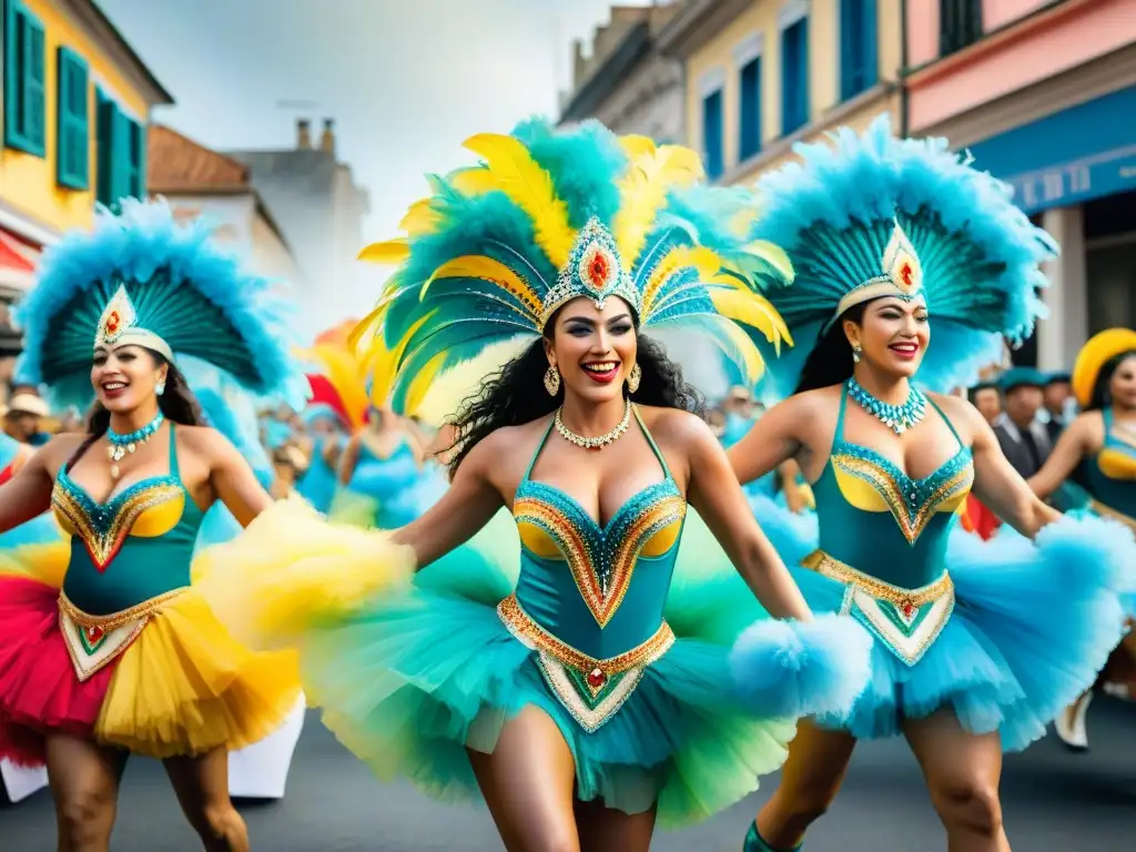 Vibrante Carnaval Uruguayo difusión internacional digital: detallada pintura acuarela captura desfile colorido y enérgico con máscaras y bailes