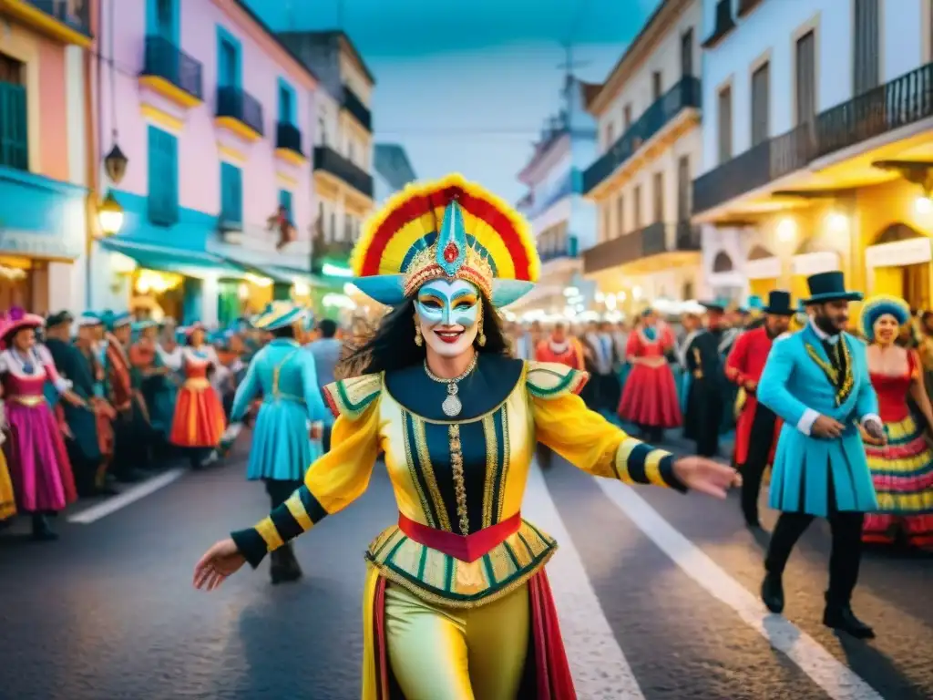 Un vibrante Carnaval Uruguayo mapa turístico con coloridos trajes, música alegre y bailarines energéticos en las calles históricas